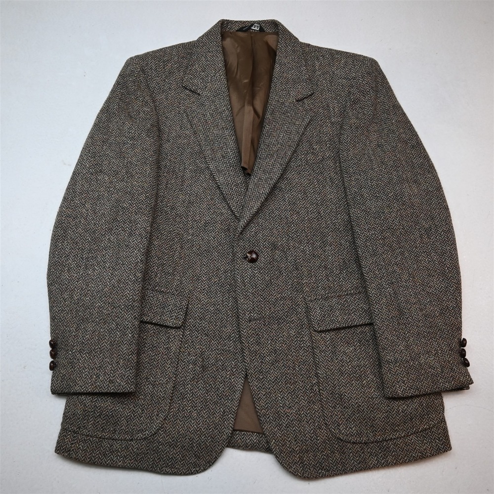 Vtg USA Made 40S Brown Herringbone 100% Wool Tweed Blazer Suit Jacket Sport Coat